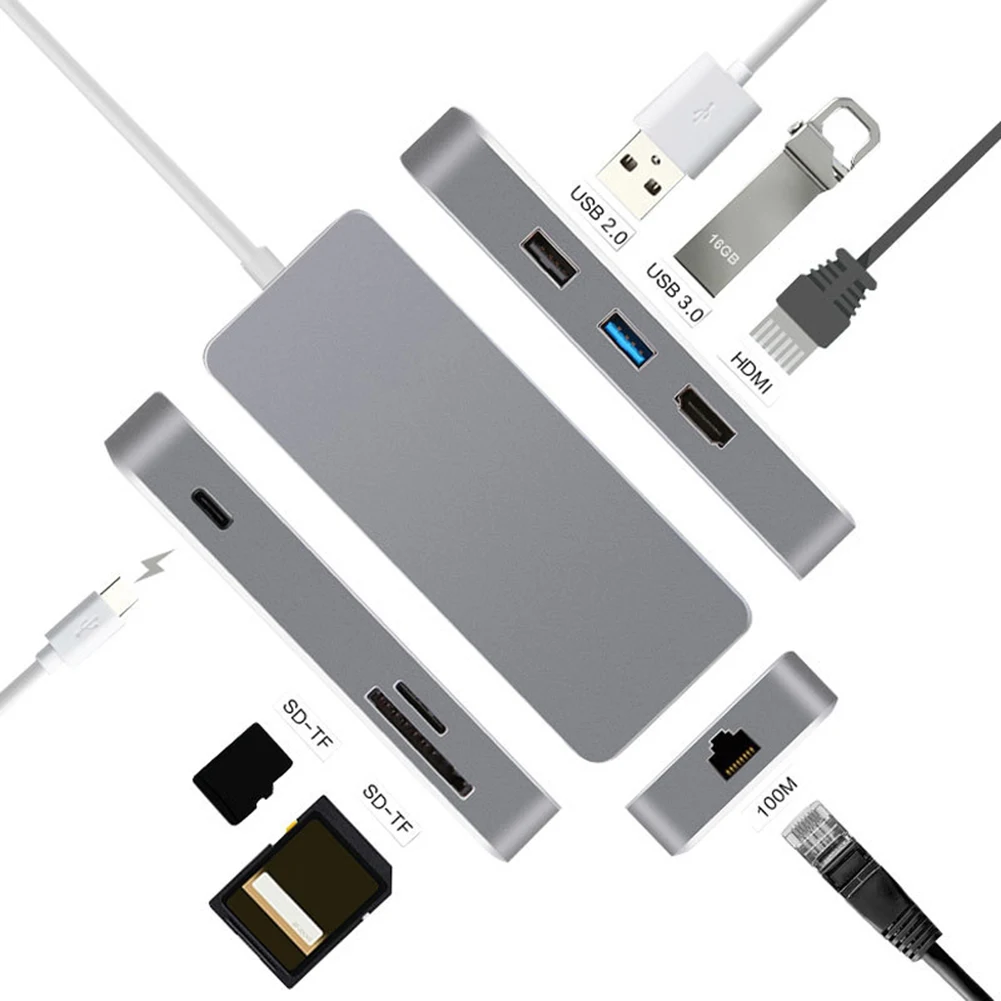 

Hot TypeC USB C Hub 7 in 1 Multiport USB 3.0 Type C to HDMI USB 3.0 RJ45 SD/TF Card Reader PD Charging Adapter Converter for Mac
