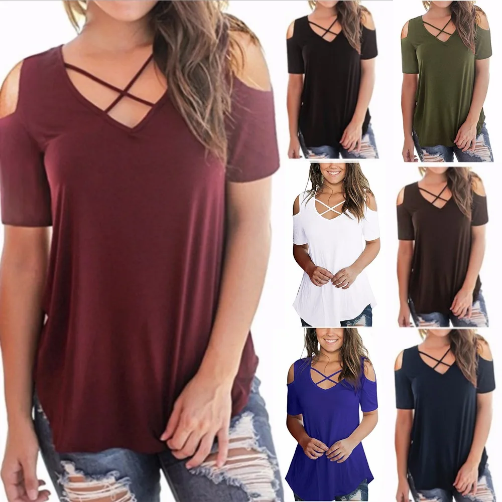 

New 2018 Summer T-shir Tops Women Short Sleeve Sexy Casual Cross collar T-shirt Slim Off Shoulder T-shirt V-Neck Tops T-shirt