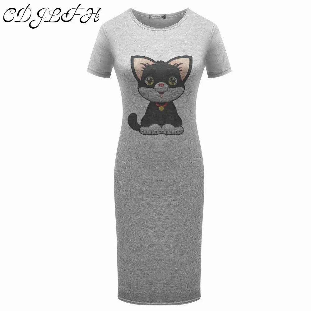 Image CDJLFH 2017 New Casual Summer Autumn Short Sleeve Cute Cat Print Office Dresses Female Knee Length Elegant Pencil Dress Vestidos