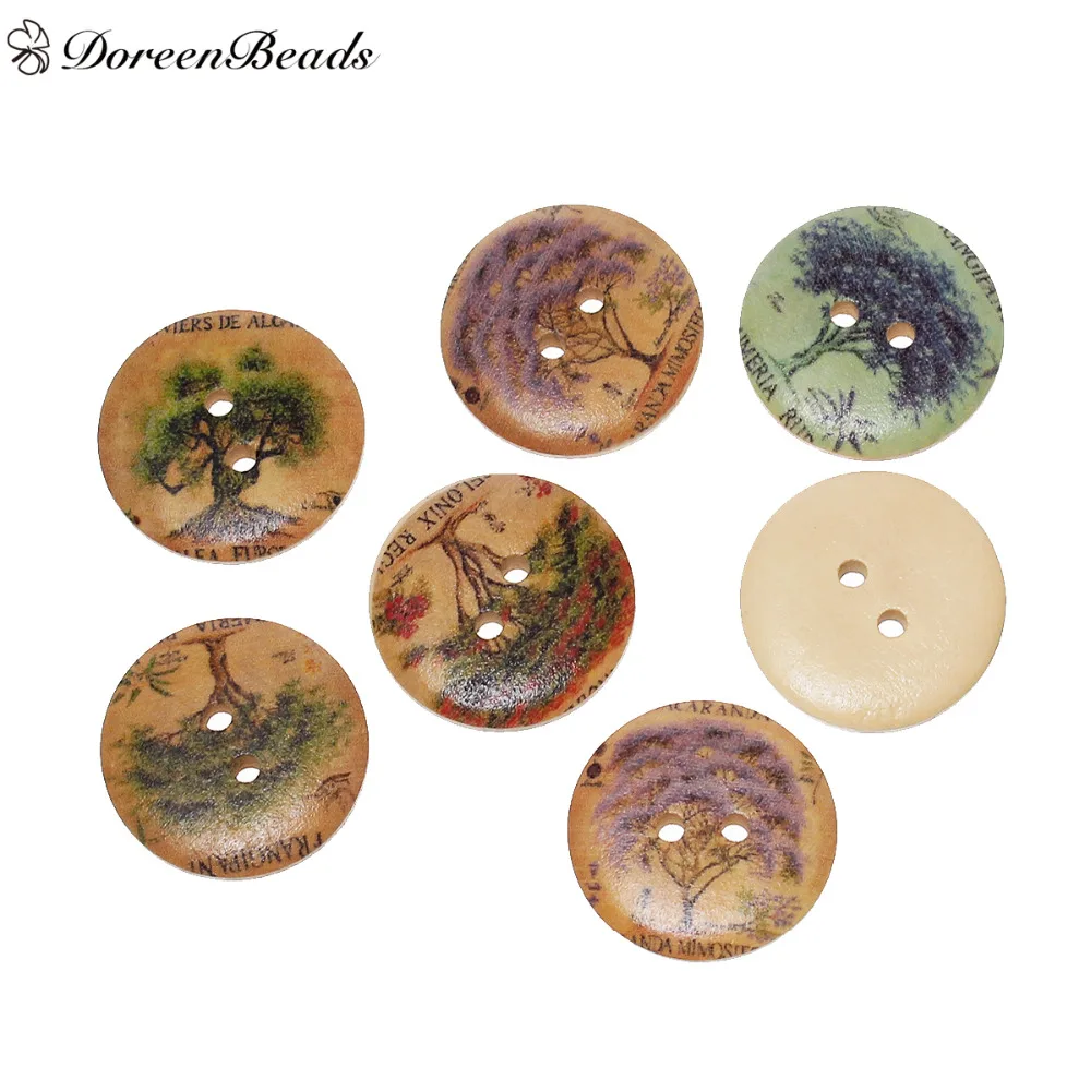 

DoreenBeads Wood Sewing Buttons Scrapbooking Round At Random 2 Holes Tree Pattern 25mm(1") Dia, 10 PCs