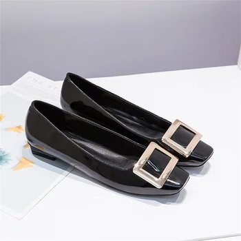 

Square buckle women's shoes square toe real leather comfortable inside thick heel slip non-slip shallow office casual shoes