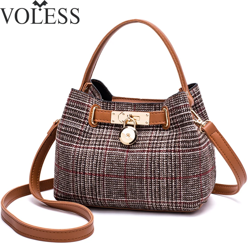 

VOLESS PU Leather Women Buckets Bags Plaid Women Shoulder Bags Small Patchwork Women Messenger Bag 2pcs Set Metal Lock Women Bag