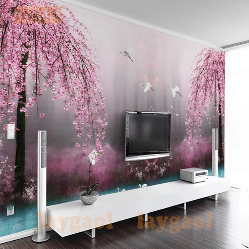 

romance pink sakura swan lake mural 3D wallpaper for walls living room TV backdrop bedroom wall painting 3D wallpaper decoration