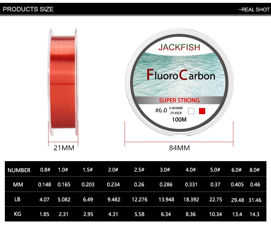 Details about   JACKFISH 100M Fluorocarbon Fishing Line  red/clear two colors 4-32LB Carbon 