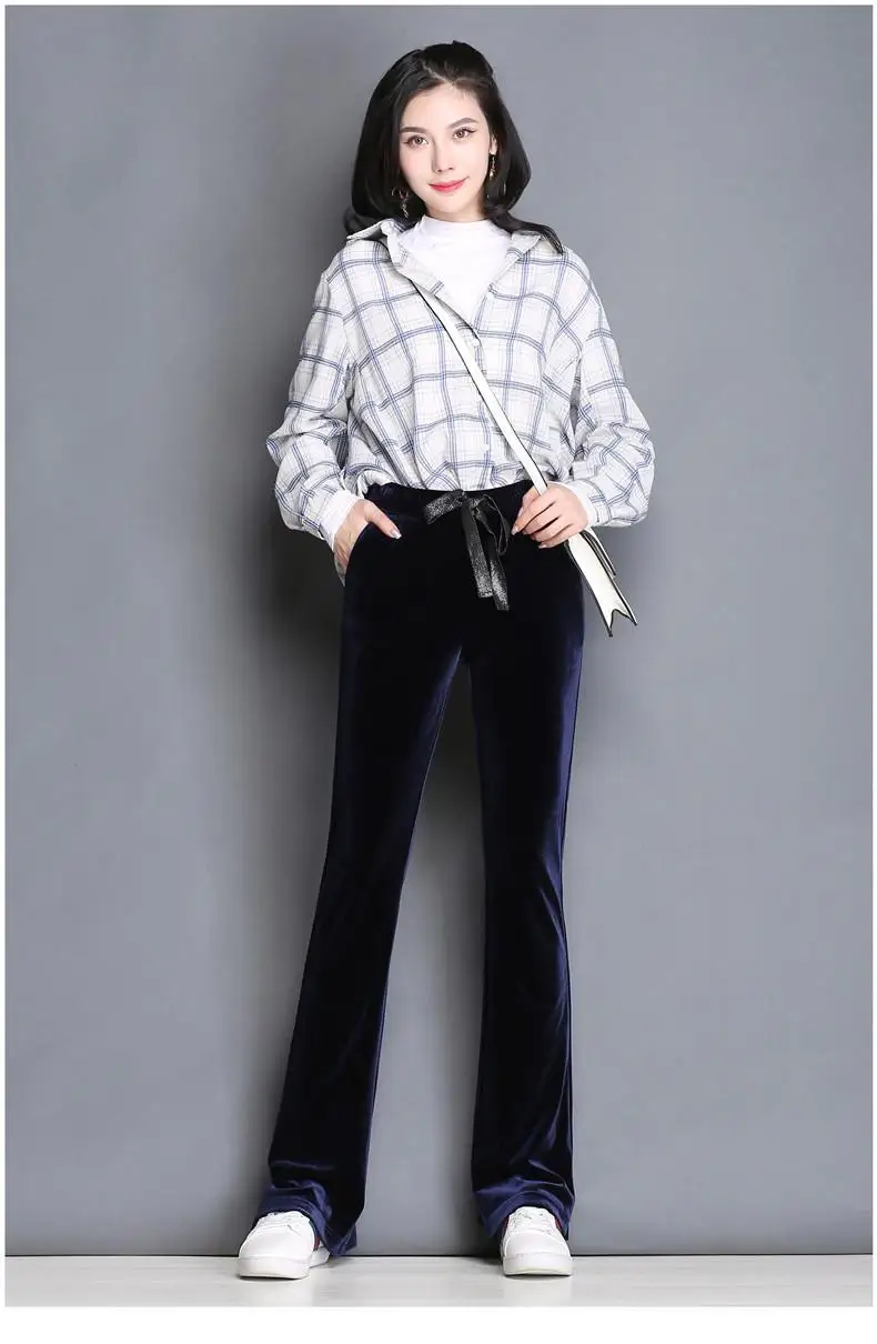 Осенние бархатные женские брюки с высокой талией, однотонные, черные, синие, коричневые, эластичные штаны для женщин, Свободные повседневные расклешенные брюки для девушек GJ285 - Цвет: Синий
