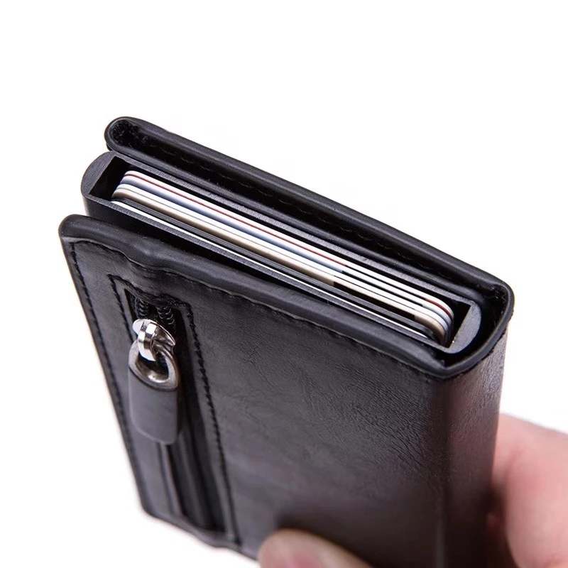 Алюминиевый сплав держатели кредитных карт для женщин и мужчин RFID Блокировка магнитный мини-кошелек из искусственной кожи ID держатель для банковской карты на молнии портмоне