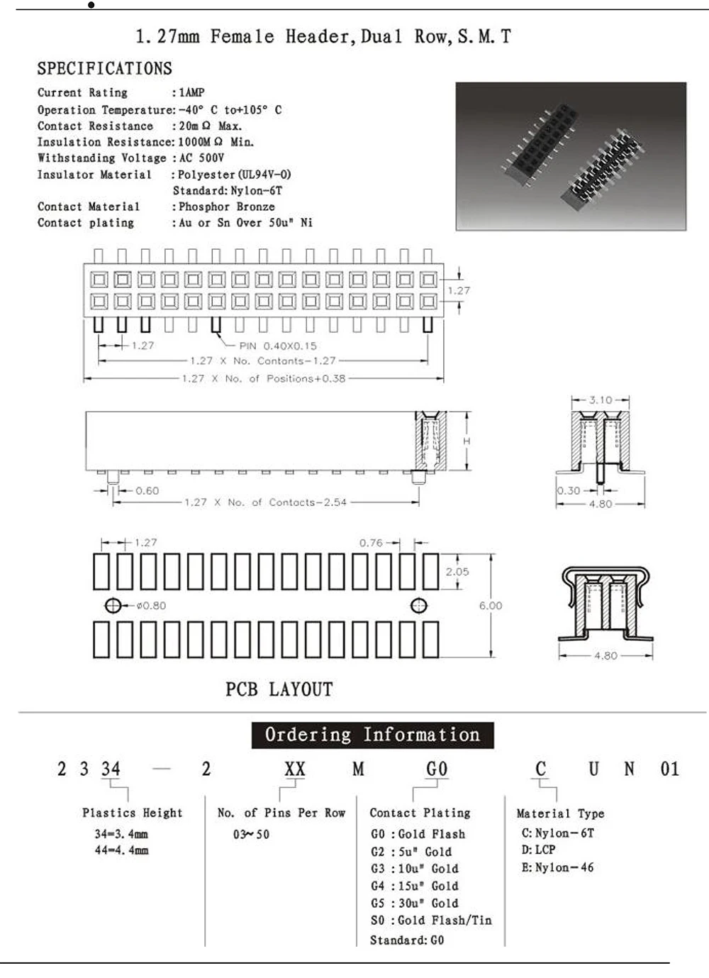 1.27 Female Header Dual SMT Plastic Height 3.4mm 4.4mm