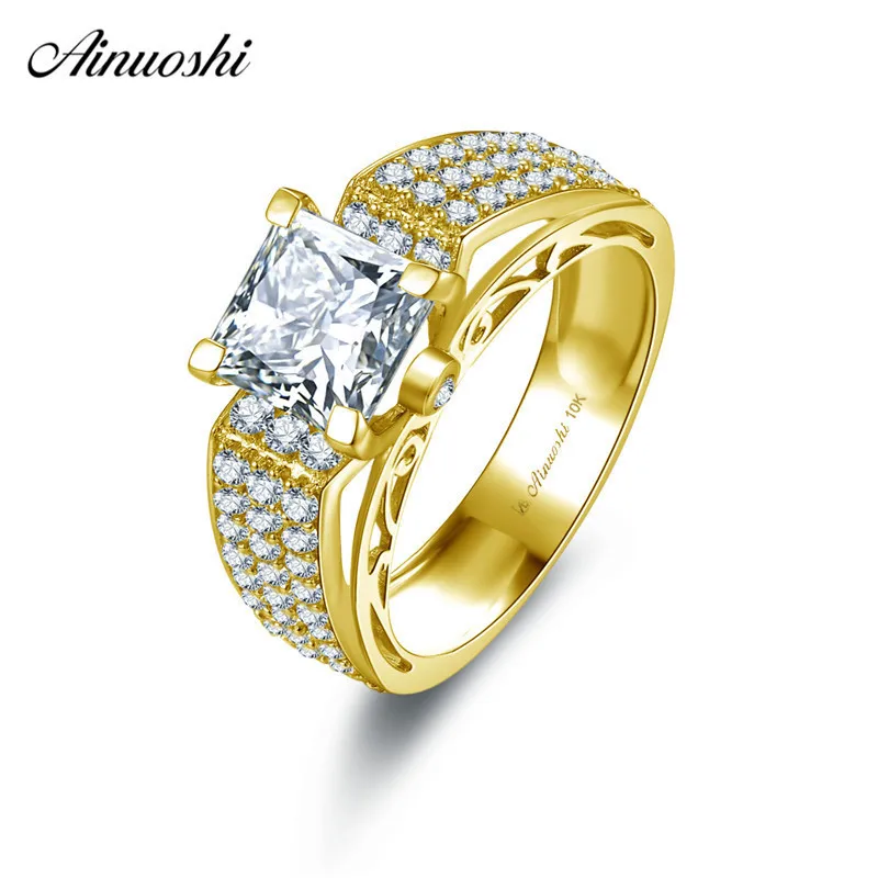 

AINUOSHI 10k Solid Yellow Gold Square Ring 1.6 ct Princess Cut Wedding Engagement Bague 3 Rows Shining Drills Bridal Band Anillo