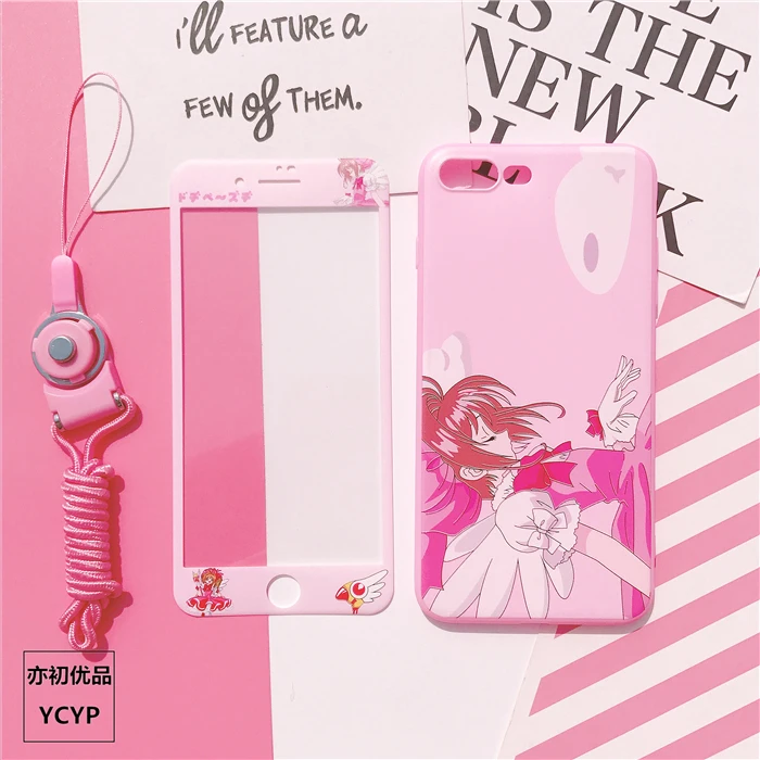 Для iphone XS Max Cardcaptor Sakura чехол+ Закаленное стекло пленка для экрана для iphone X XS XR 7 8 plus 6 6 S plus розовый чехол для девочки+ ремешок - Цвет: As shown
