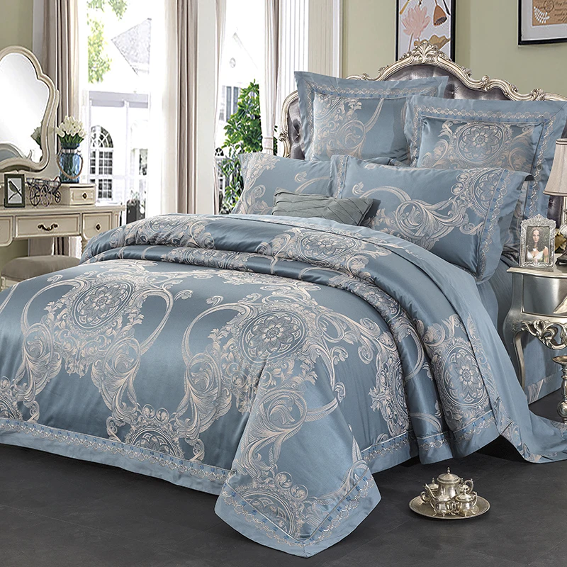 

2022 Hot Sliver Golden Luxury Satin Jacquard bedding sets queen king size Embroidery bed set duvet cover bed sheet set