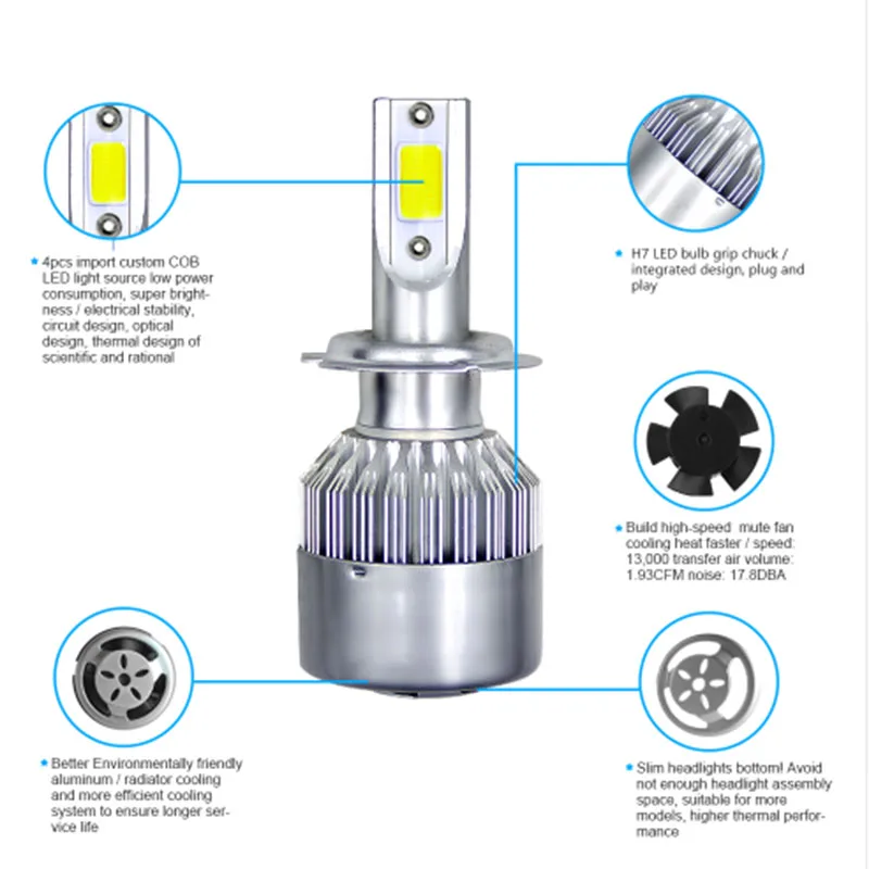 72W 7600lm COB C6 Phare LED Ampoules LED De Voiture H1 H3 H4 H7 H8