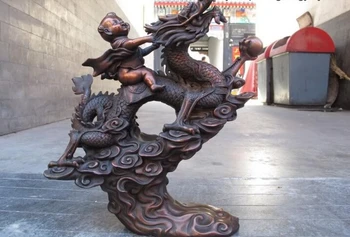 

USPS to USA S0509 China Red Bronze Copper Feng Shui Lucky Nezha Boy God Ride On Fly Dragon Statue