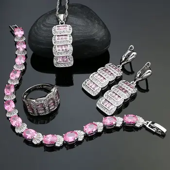 

925 Silver Party Jewelry Sets For Women White Crystal Pink Cubic zirconia Drop Earrings/Pendant/Necklace/Ring/Bracelet Set