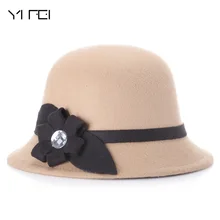 YIFEI Women Winter Warmer Fedora Hat Diamond Bowknot Wool Beanies For Women Cloche Bucket Ladies Hats Autumn Skullies Cap