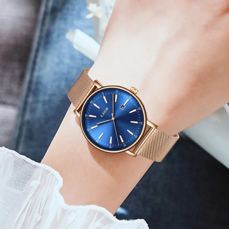 Часы наручные LIGE женские кварцевые модные водонепроницаемые из нержавеющей