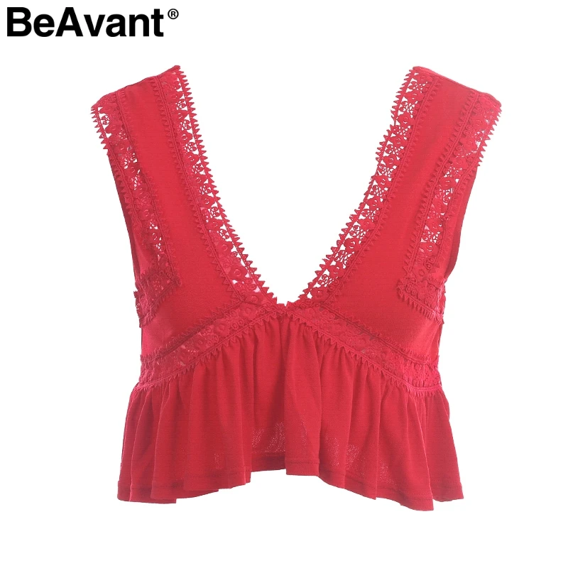 BeAvant Sexy v средства ухода за кожей шеи спинки майка для женщин рюшами Короткие кружево рубашка бретели Танк Лето пот уличная повседнев - Цвет: red