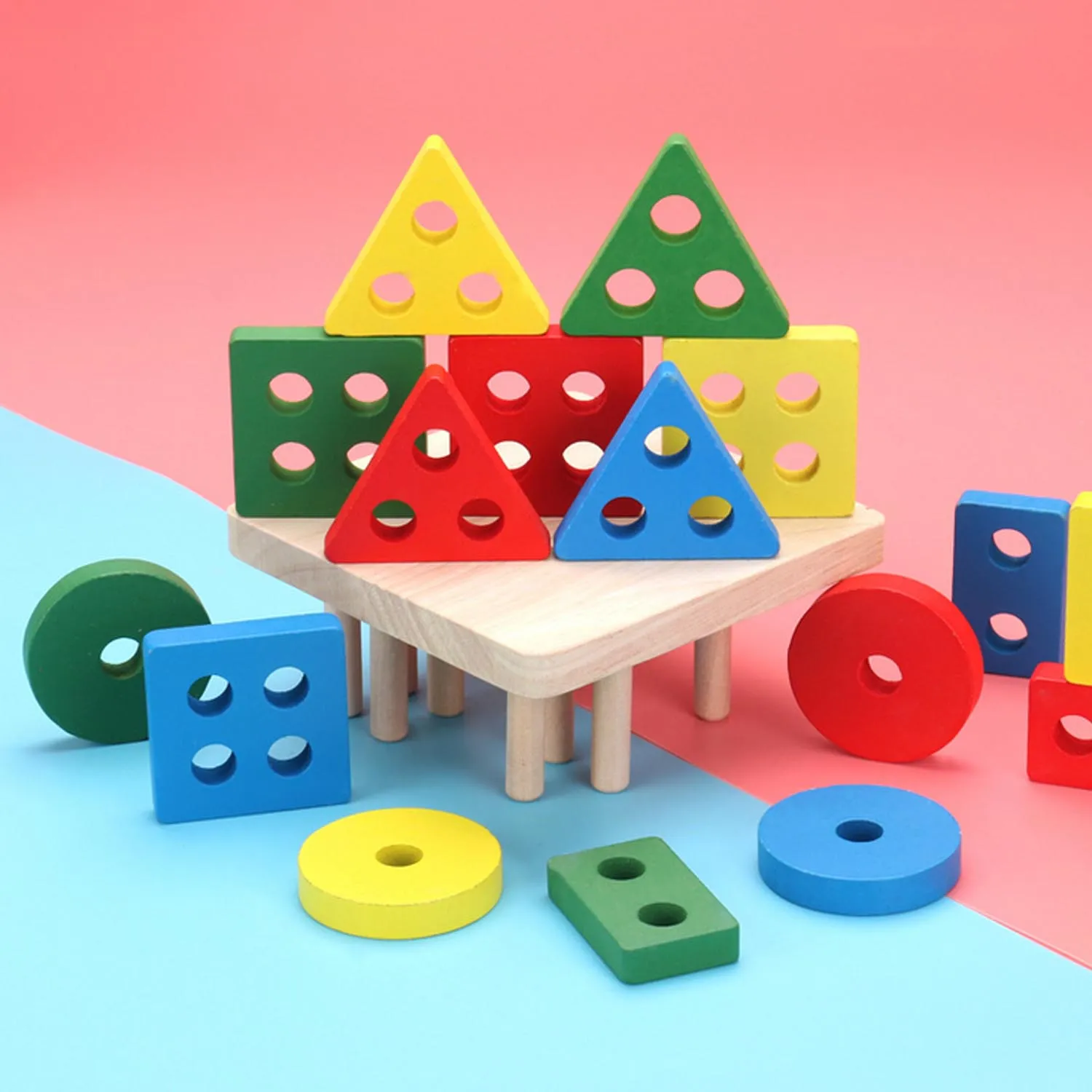 Besegad Montessori Wooden Math Geometry Shape Cognitive Blocks Toy Stacking Block for Kids Preschool Supplies Shape Sorting Toys