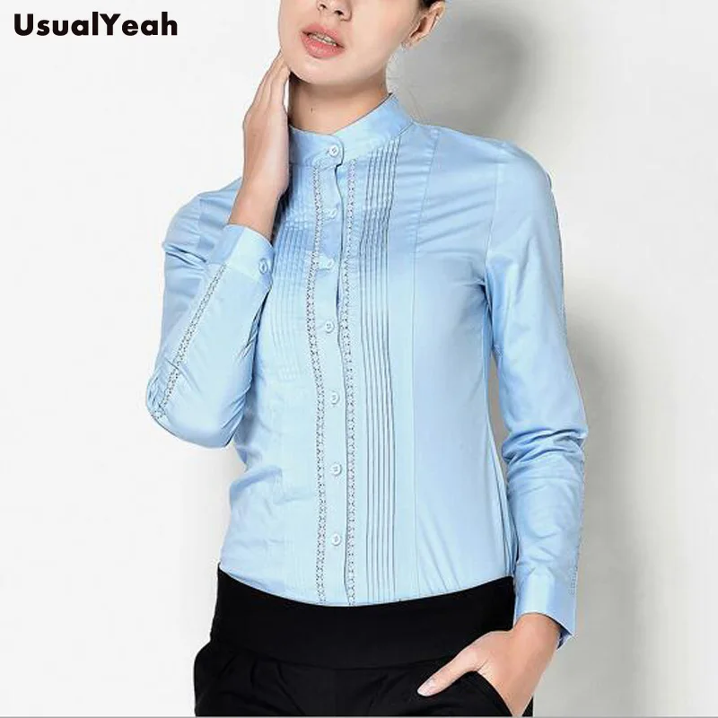 Модная весенняя женская рубашка с длинным рукавом, Женская деловая кружевная белая блуза со стоячим воротником в стиле пэчворк для работы, S-XXL - Цвет: Синий