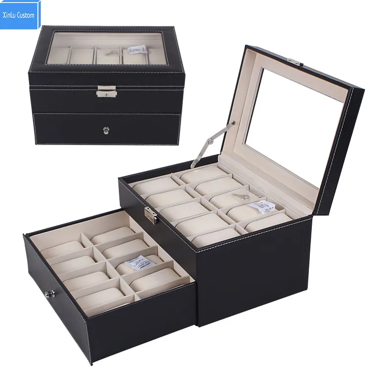 20 Compartments Velvet Pillow Soft PU Leather Watch Box Acrylic Top