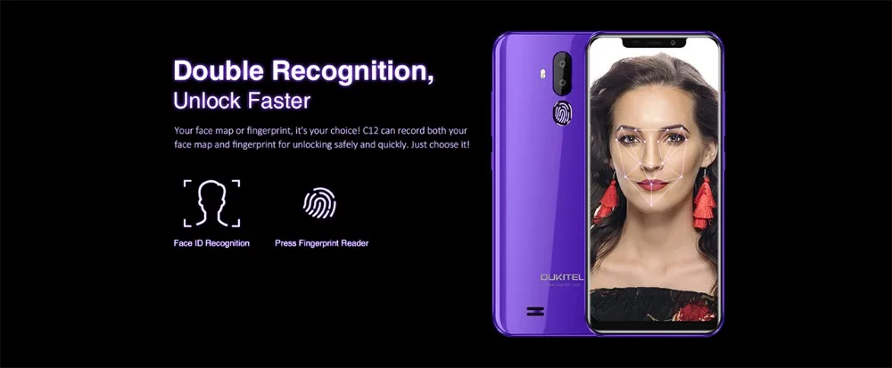 OUKITEL C12 Face ID 6,1" 19:9 смартфон с отпечатком пальца Android 8,1 мобильный телефон MTK6580 четырехъядерный 2 Гб ОЗУ 16 Гб ПЗУ 3300 мАч разблокировка