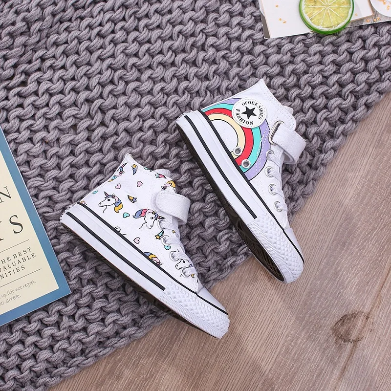 Girls Fashion Children Canvas Shoes Lovely Unicorn Printed Pattern High Top Girls Black White Girl Sneakers Star Rainbow C07212