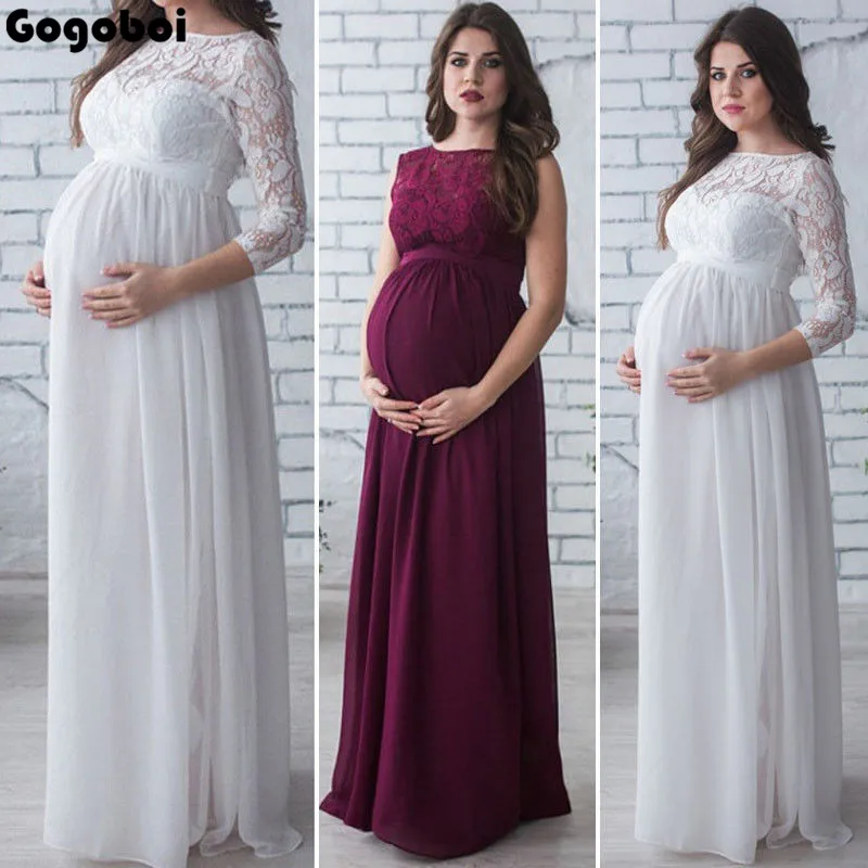 

Lace Maternity Dress Gown Wedding Party trumpet Dresses Pregnant Women Long Maxi O Neck Lace Dress Maternity mermaid dresses