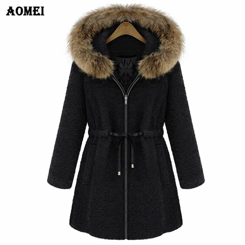 

Wool Jacket Coat 2019 Winter Women's Hooded Big Fur Collar New Long Thick Woolen Outerwear With Cap Zipper Up Drawstring Outwear