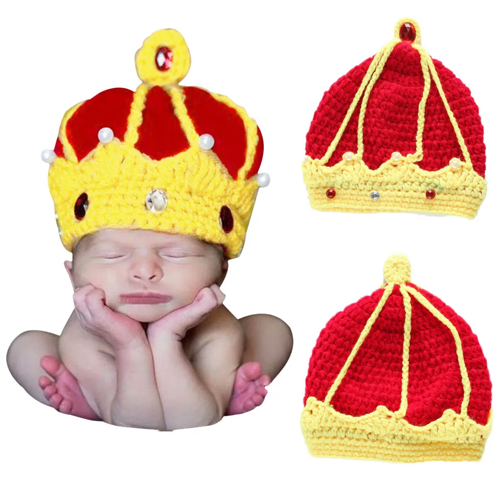 

New Handmade Crochet King Crown Baby Crystal Pearls Beanies Hats Caps Newborn Boy Girl Hat Photography Photo Costume Props B JL