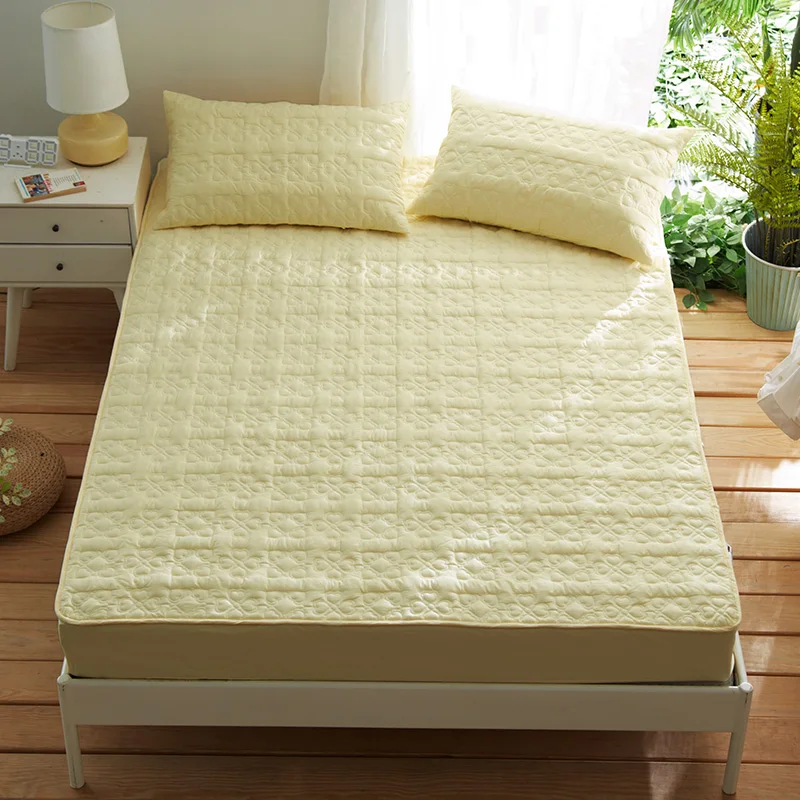 

Yellow Solid Color 3pcs Waterproof Quilted Mattress Protectors By Sheets bedding set 100% Cotton Fitted Sheet Set Pillowcase