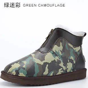 Мужские короткие зимние ботинки из овечьей кожи с камуфляжным натуральным мехом на молнии; Водонепроницаемая зимняя обувь - Цвет: Green Camouflage