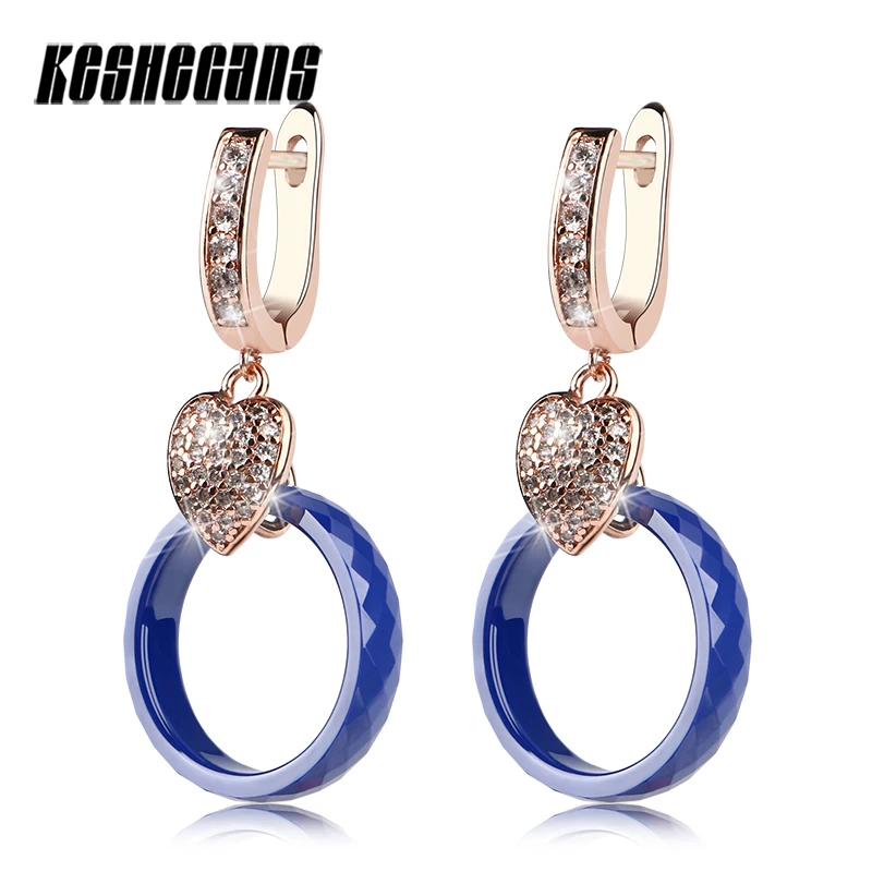 

New Rose Gold & Silver Metal Crystal Heart With Beautiful Blue Hollow Circle Drop Earrings For Women Luxury Wedding Jewelry Gift