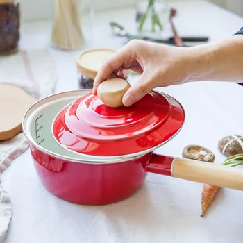 

housewives enamel series single handle milk pot Baobao milk pot pot noodle soup with wooden handle milk pot