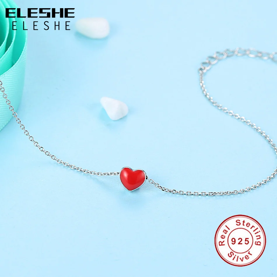 Подлинный eleshe 925 пробы серебряный браслет с красной эмалью сердце Шарм Браслеты для женщин Девушка ювелирные изделия подарок на день матери