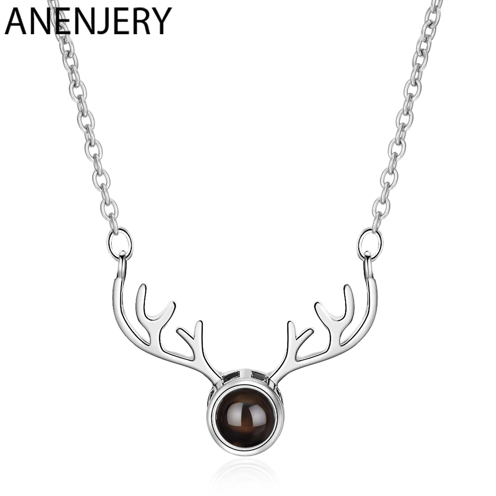 

ANENJERY Hot Trendy 925 Sterling Silver Christmas Antlers Necklaces For Women Projection I Love You Necklaces Gift S-N411