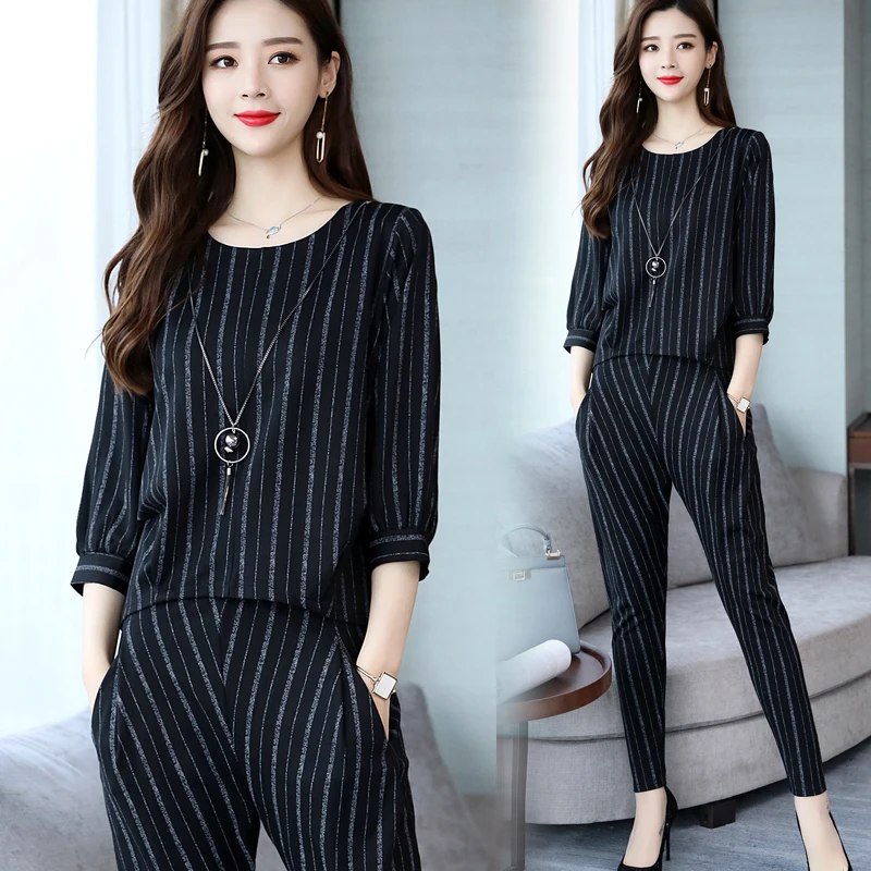 

2 Piece Outfits for Women Spring Autumn Strip Top Pants Set Female Clothes Suit
