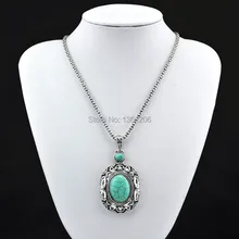 N17 Green Turquoise Stone Natural Stone Necklace Pendant Jewlery Women ,Vintage Look,Tibet Alloy, free shipping, wholesaler