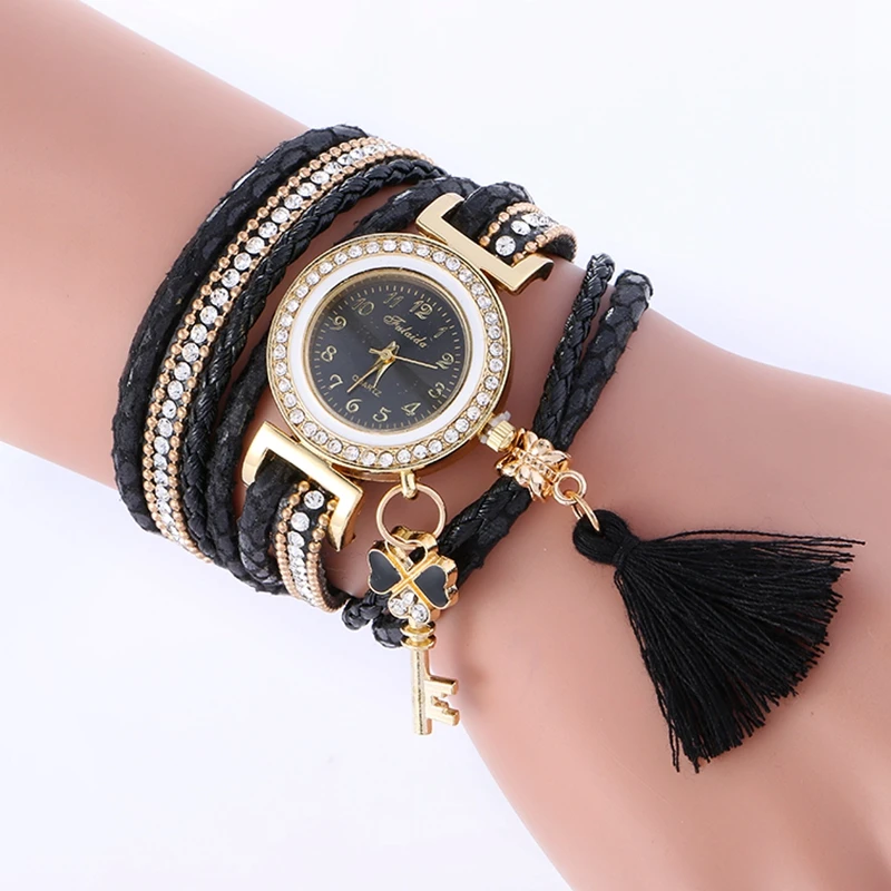 wholesale 2017 fashion women tassel diamond leather bracelet watch long straps rope leisure