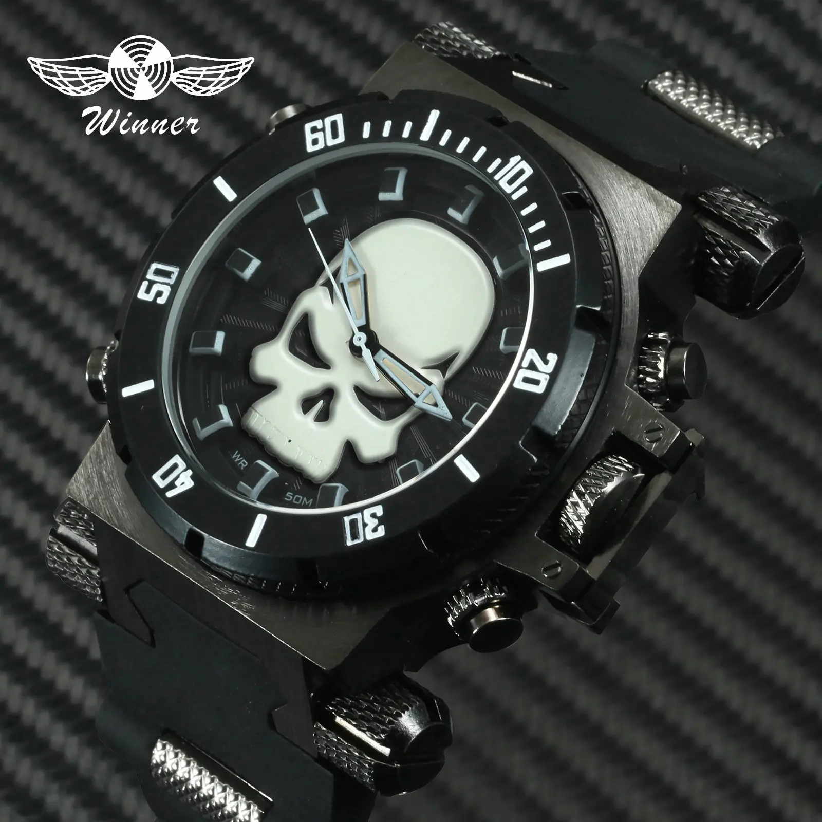 

Fashion Skull Mens Watches Top Brand Luxury WINNER Quartz Analog Clock Steampunk Watch Waterproof Rubber Men Sports Wristwatch