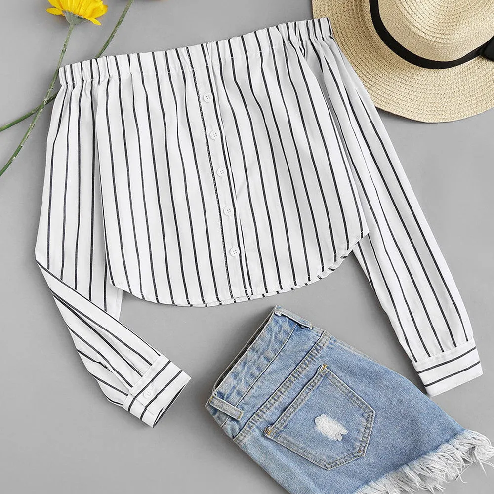 

women Tops long sleeve Summer Women Shirts Button Striped Backless Off Shoulder Shirt Tee Shirts For Women A3