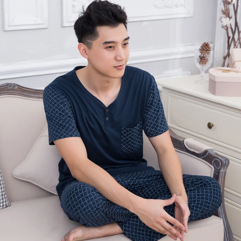 Male Sleepwear Summer Short Sleeve Pajama Set Cotton Clothing Pyjamas Men's Lounge Nightshirt Sleep Trousers Male Sleepwear Summer Short Sleeve Pajama Set Cotton Clothing Pyjamas Men's Lounge Nightshirt Sleep Trousers