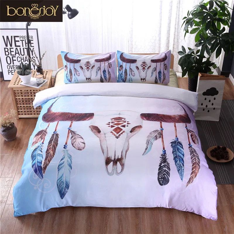 

Bonenjoy White Bed Cover Wind Chimes and Horns Print Colorful Indian Style Bedding Sets Single Bed Linen Duvet Cover Sets