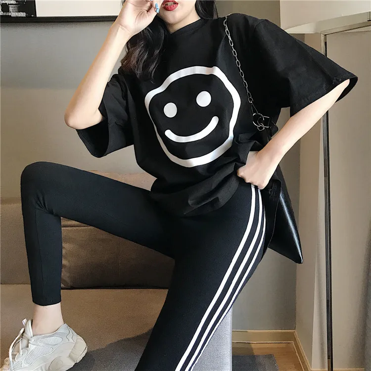 Slim sports and leisure suit female summer 2019 new fashion loose foreign short-sleeved T-shirt nine pants two sets jumpsuit Slim sports and leisure suit female summer 2019 new fashion loose foreign short-sleeved T-shirt nine pants two sets jumpsuit