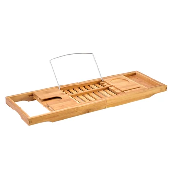 

Creative Bamboo Bathtub Tray with Extending Sides Reading Rack Tablet Holder Cellphone Tray and Wine Glass Holder
