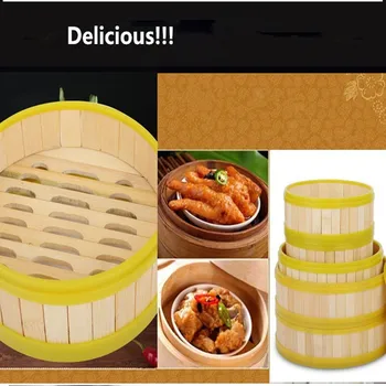 

1Suit Cookware Bamboo Steamer Yellow Plastic Side Wrapping Chinese Kitchen Bamboo Steamer Dim Sum Commercial Breakfast