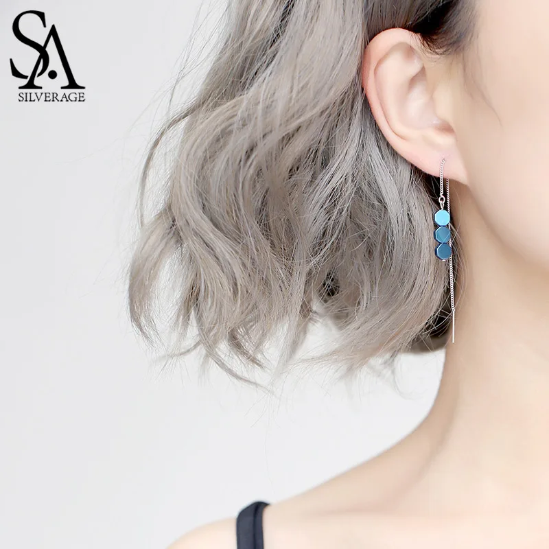 

SA SILVERAGE 925 Sterling Silver Green/Blue Color Hexagon Shape Drop Earring for Woman 925 Silver Drop Earrings Jewelry Earring