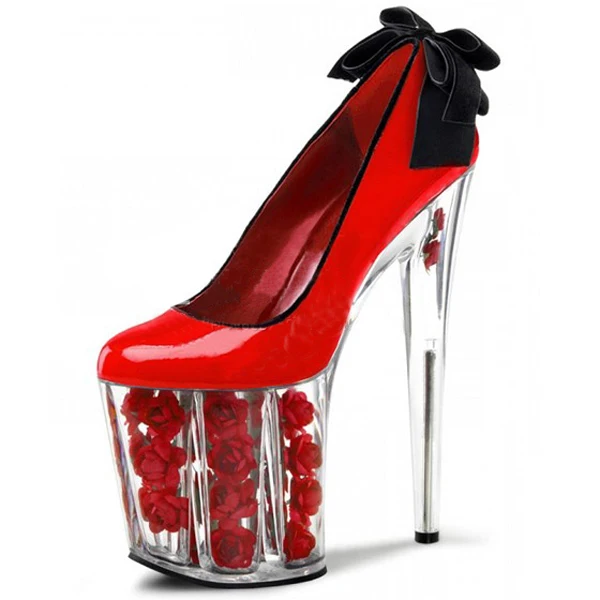 Свадебные туфли на платформе 20 см с розами Туфли на толстой платформе с кристаллами Туфли на высоком каблуке 8 дюймов(20 см) с бантом Модельные туфли-лодочки с декорированием