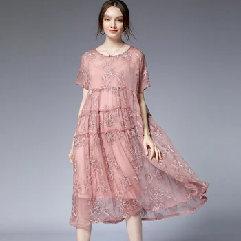 

Lady Chiffon summer dress plus size pink 2019 Embroidery floral party loose casual fashion beach boho summer dresses 4xl
