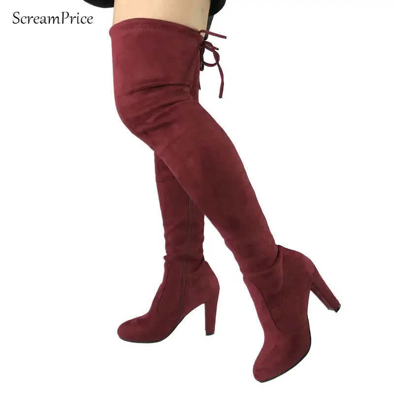 

Side Zipper Black Thigh High Boots Women's Micro Suede Over the Knee Boots Stretch Fashion Sexy Chunky Heels Winter Women Shoes