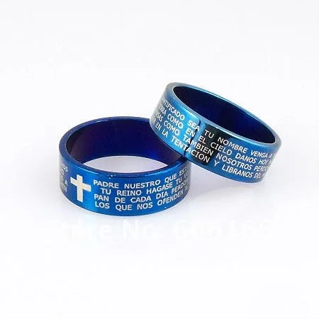 

50pc/lot Mixed Wholesale 8mm Blue Spanish Bible Lord's Prayer Cross Ring Stainless Steel Rings Fashion Religious Jewelry