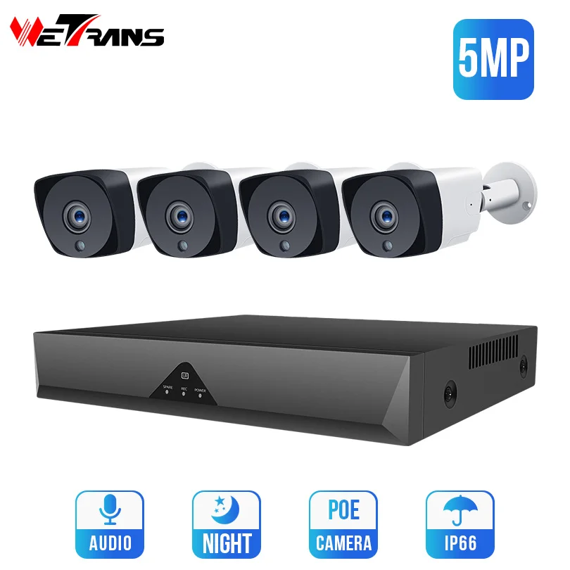 

Wetrans POE Security Camera System 5MP CCTV Kit H.265 NVR Camera 4CH Video surveillance kit IP Audio Home Outdoor Kamera Set